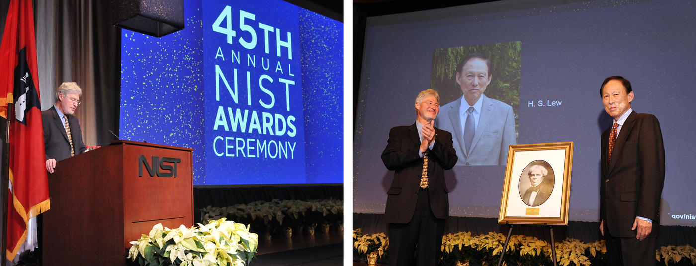 The image on the left shows Under Secretary of Commerce for Standards and Technology and NIST Director Walter G. Copan at a podium in front of a screen showing the words 45th Annual NIST Awards Ceremony. The image on the right shows Copan congratulating H