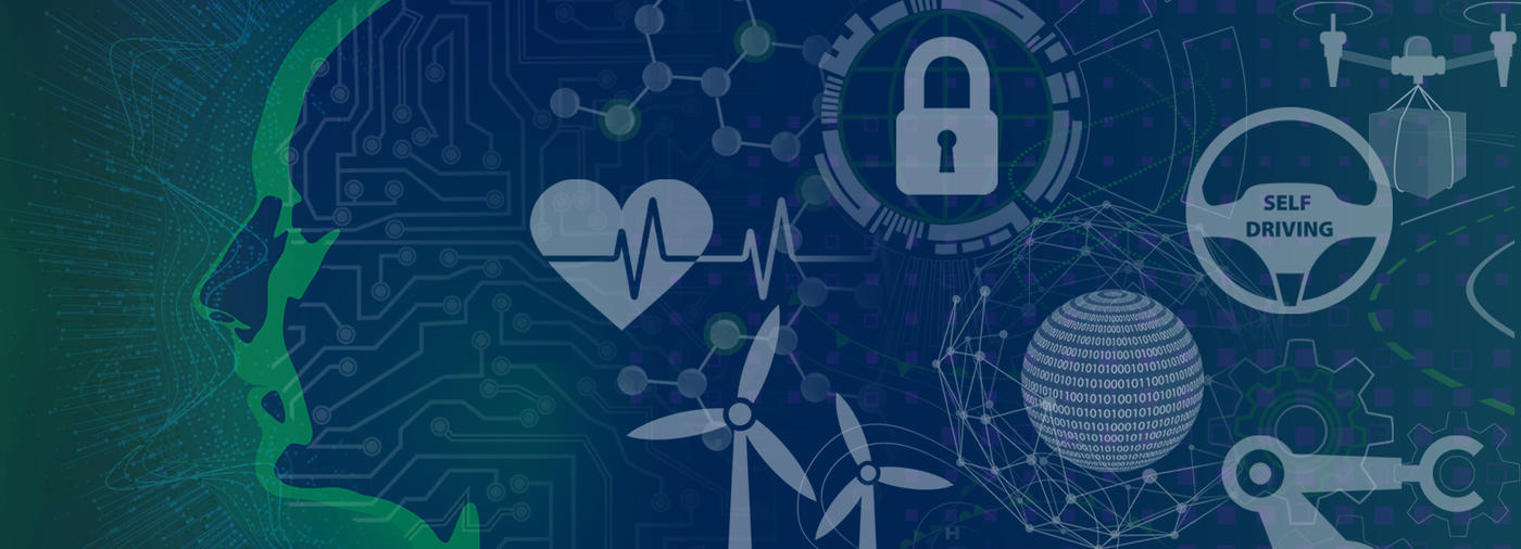 Illustration that shows an outline of a face and then icons to represent different areas of AI including heart (health), lock (cyber), windmills (energy), steering wheel (cars) and manufacturing arm