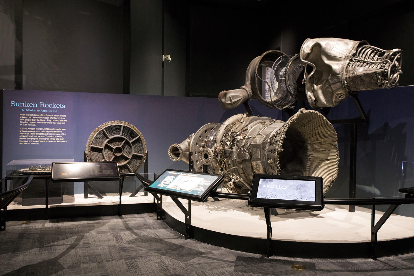 Photo of the recovered F-1 engine components that are on display at the Museum of Flight