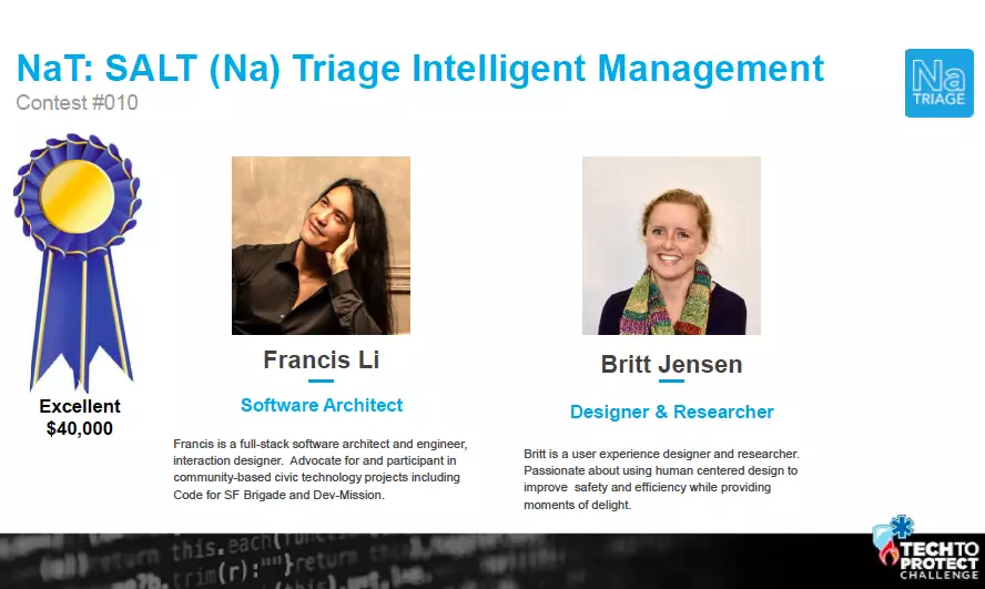 This image depicts a headshot of Francis Li and Britt Jensen with a blue ribbon marked "Excellent"