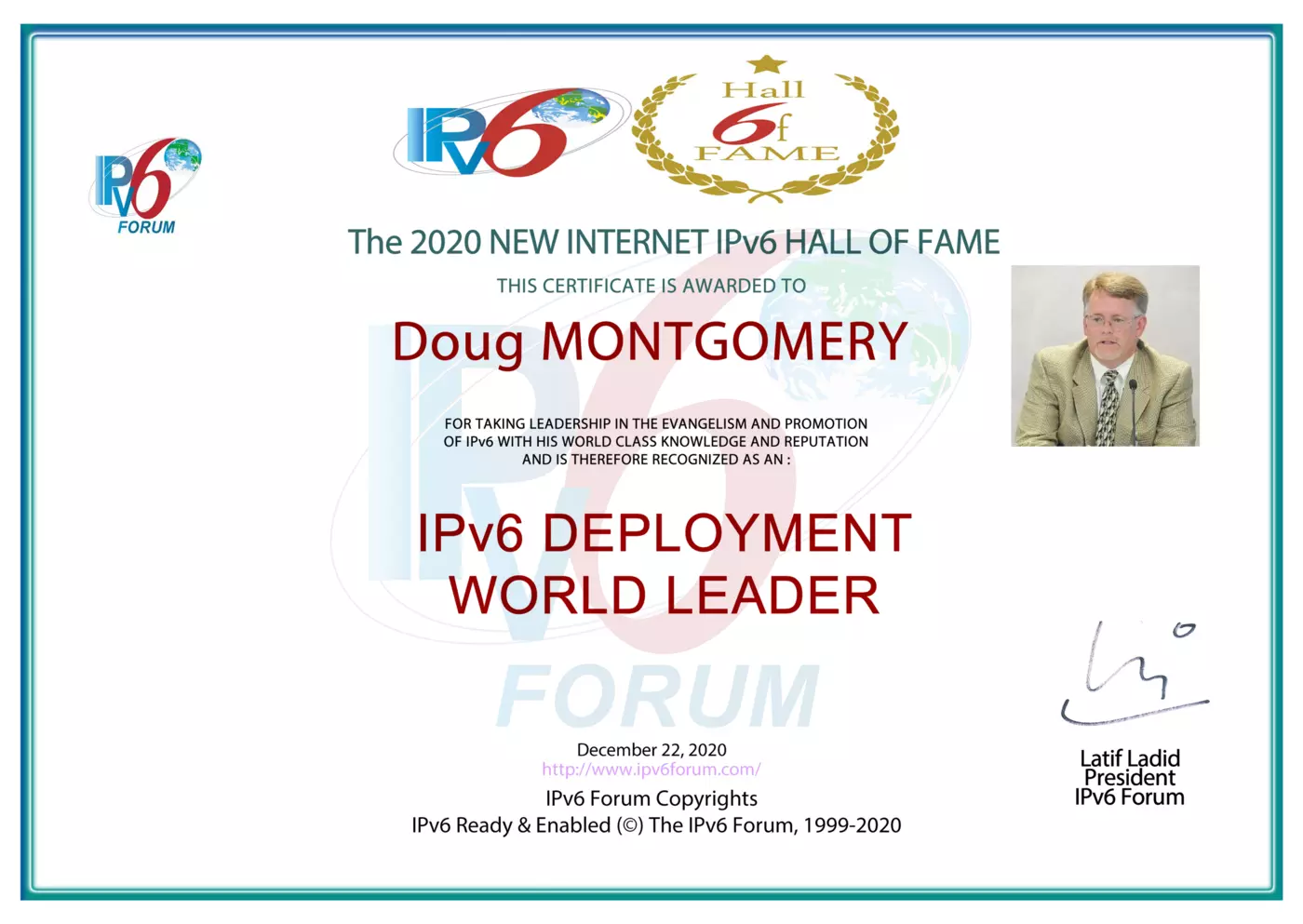Doug Montgomery IPv6 Hall of Fame Certificate