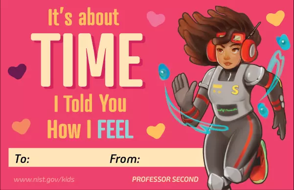 Professor second character. Pink background. Hearts. Text: It's about time I told you how I feel. To and From lines.