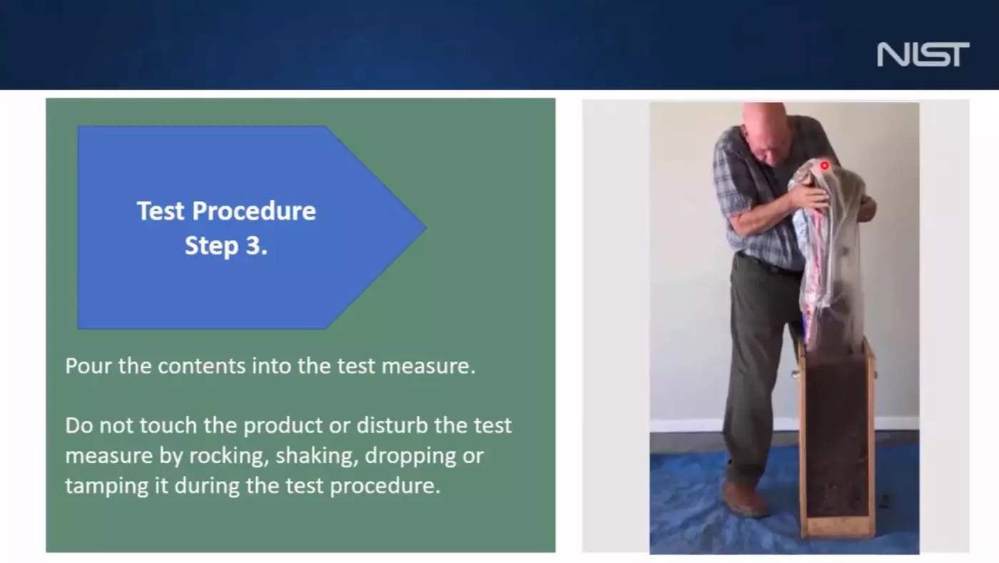 man emptying a bag of mulch into a test container. The text on the screen reads "test procedure step three, pour contents into the test measure, do not touch the product or disturb the test measure by rocking, shaking, dropping or tamping it during the test procedure.