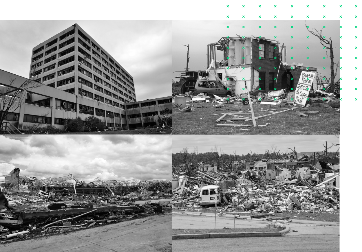 A composite photo of four destroyed buildings. 