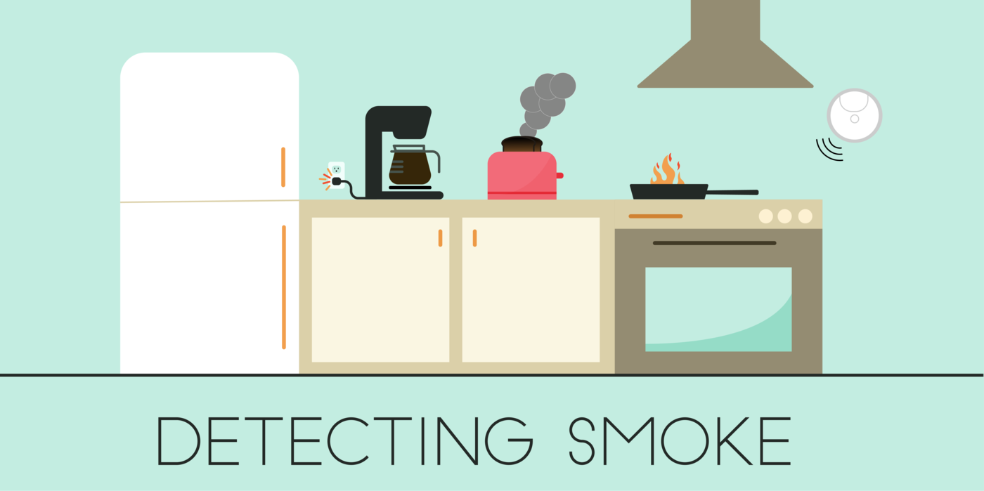 Animated illustration of kitchen appliances showing toast popping up and soundwaves coming from smoke alarm is labeled "HDYMI? Detecting Smoke."