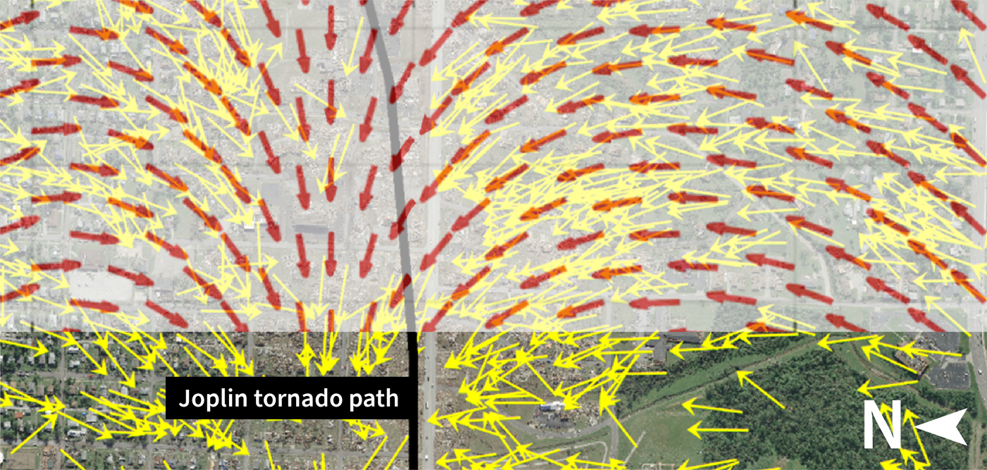 A satellite image with yellow arrows marking fallen trees and a second set of overlaid red arrows indicating a computer estimate of the location of fallen trees.