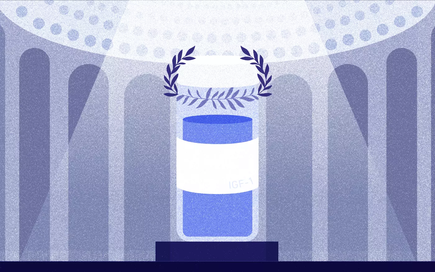 Illustration shows a winner's wreath suspended over a vial labeled IGF-1. 