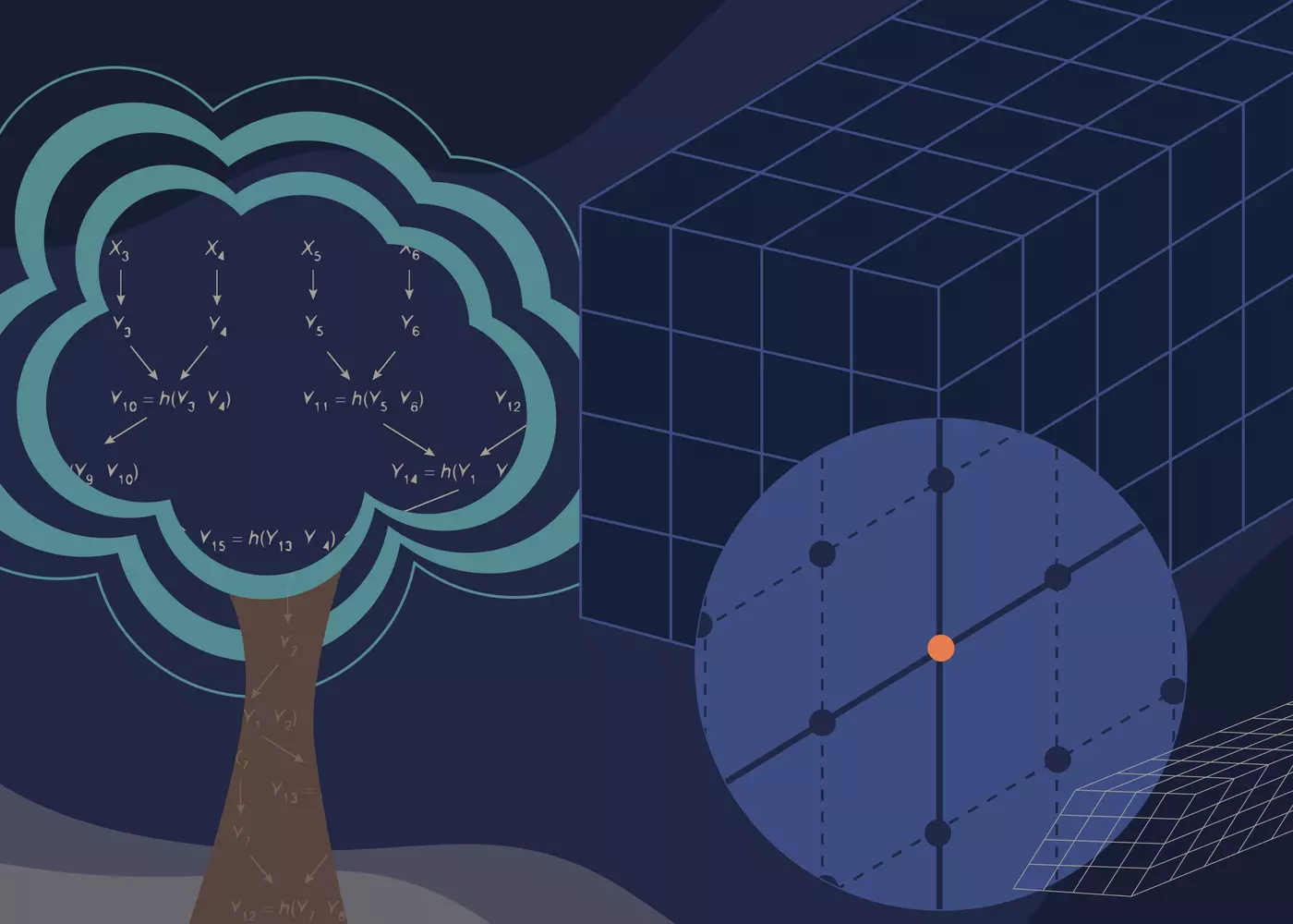 Illustration in blue tones shows a tree on the left with algorithms and lattice images on right. 
