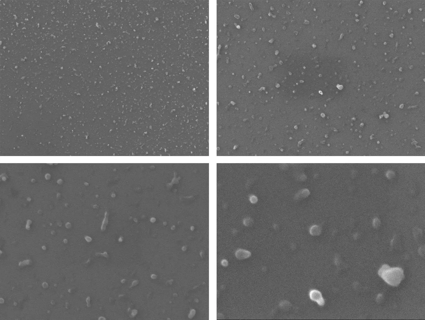 Four images in a grid show increasingly larger plastic particles.