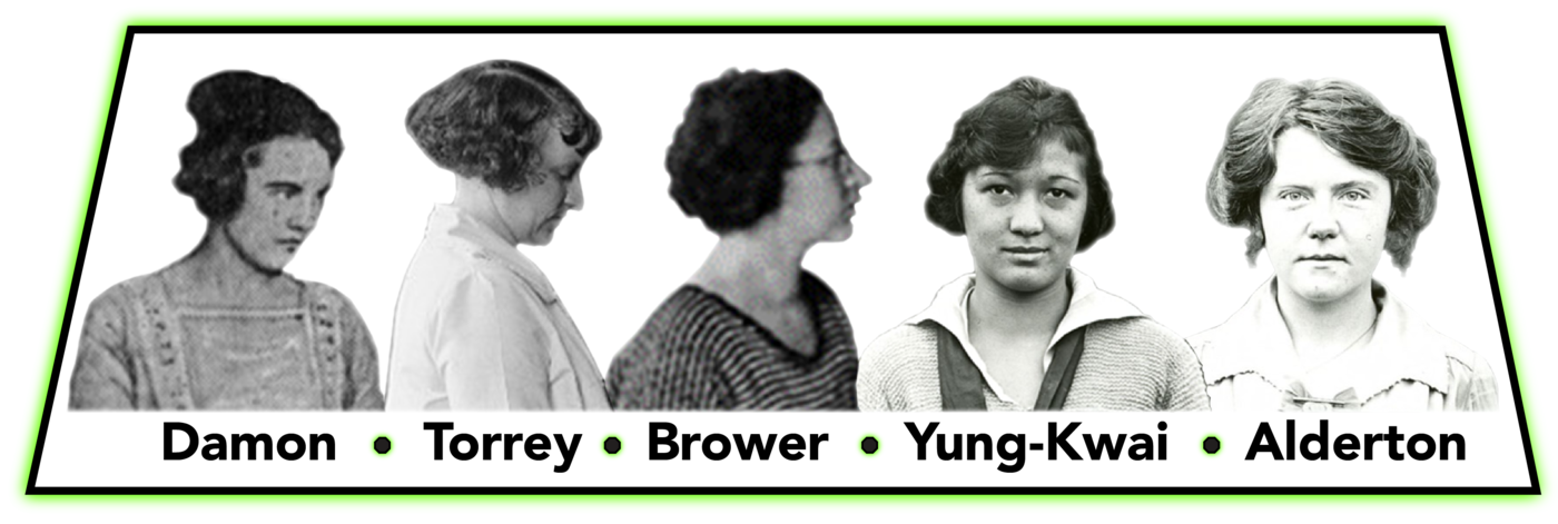 The Forgotten Radium Scientists Exhibit Title Banner with portraits of Elizabeth Elmore Damon, Constance Torrey, Mary Brower, Elizabeth Yung-Kwai, and Nina Alderton