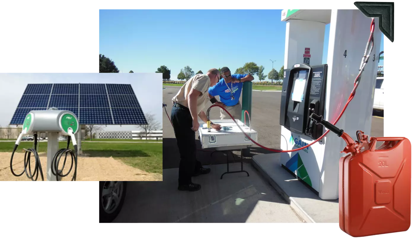 Large photo shows two men testing a gas pump; left inset shows solar panels; right inset is a red gas can. 