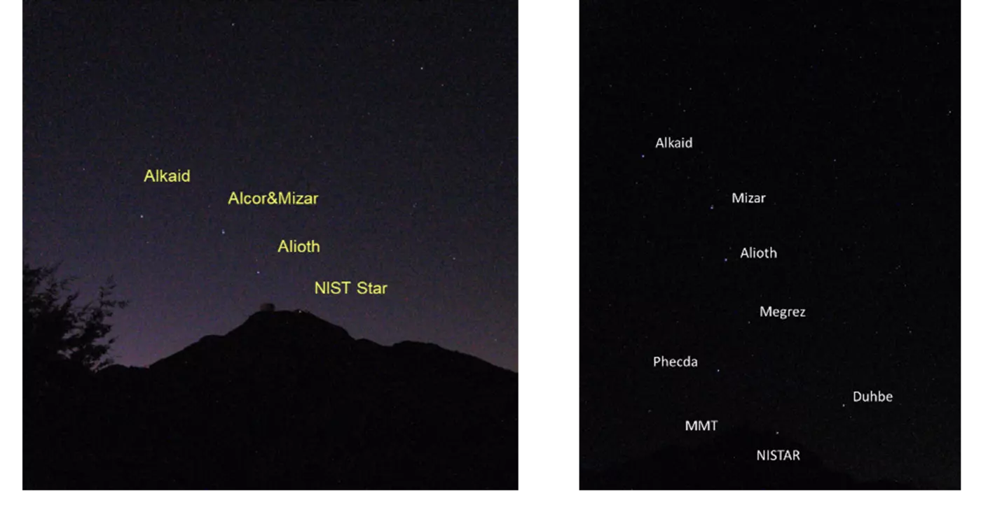 Side-by-side night sky images show stars of the Big Dipper and NISTAR labeled with their names.