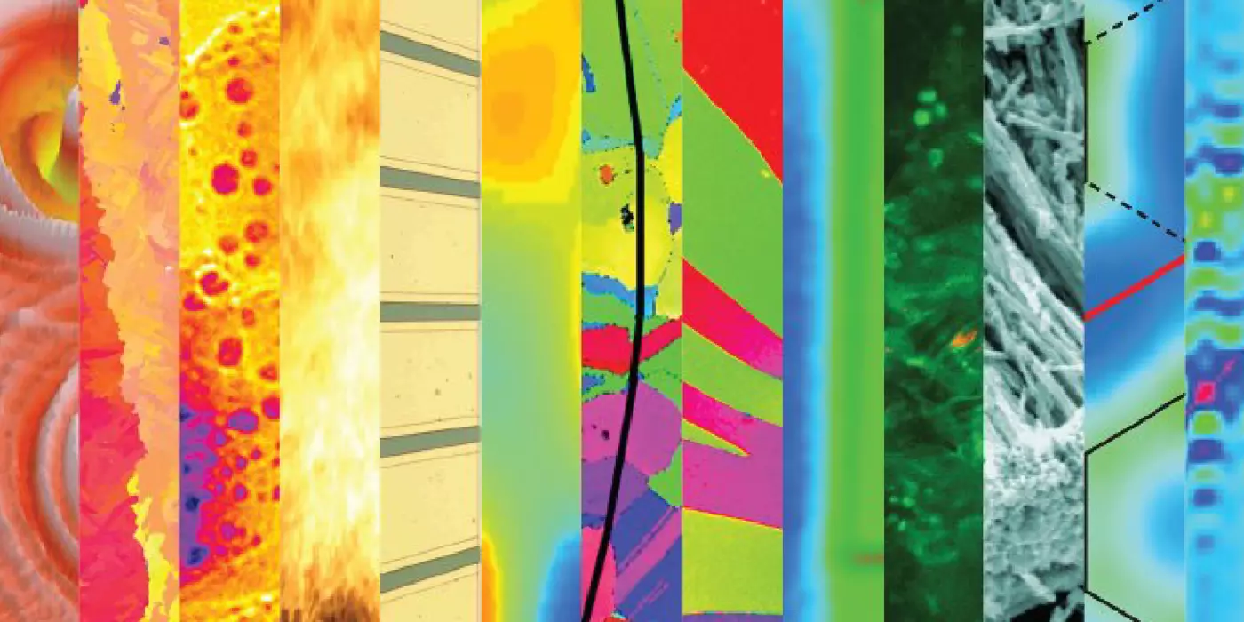 13 long and skinny vertical stripes with patterns from different Science as Art images going from red to yellow to green to blue