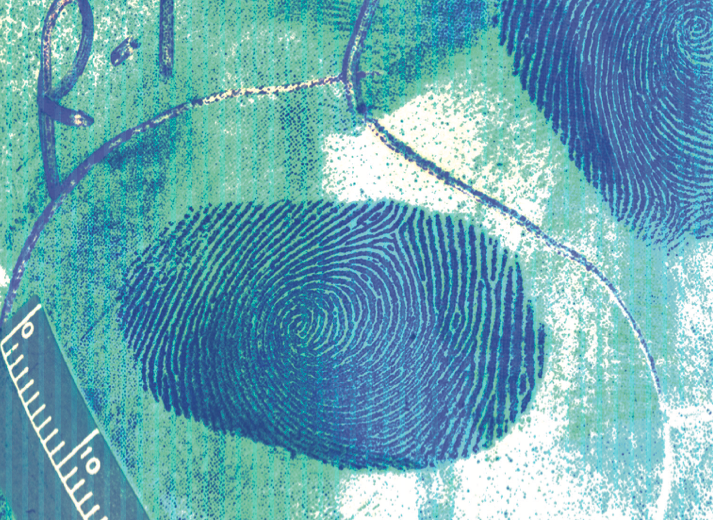 Blue fingerprints on a green and white background