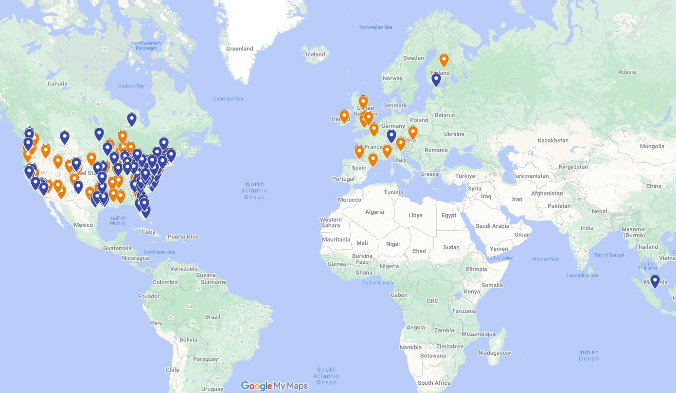 A map of all the places in the world that have PSCR award recipients and prize challenge participants
