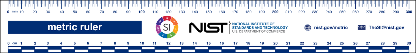 : This metric ruler, NIST SP 376 (front), includes approximate scales and is intended to be used as an educational tool for length measurements using the International System of Units (SI).