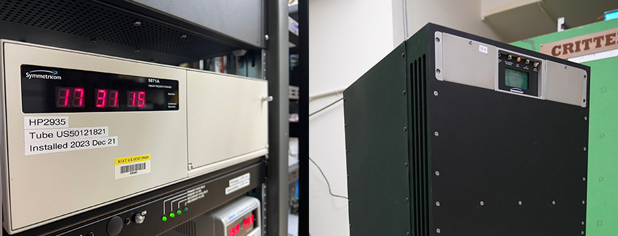 Side by side photos show (1) a tan rectangular box with a digital readout (17 31 15) on a server rack and (2) a rectangular black cabinet on wheels with a few switches and a small screen near the top.