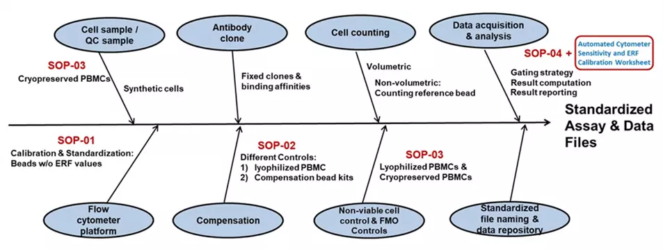Fishbone-like diagram showing variability contributions, from left to right, first for cell and control samples and instrument platforms, second for each antibody clone and panel compensation samples, third for cell counting approach and dead cell and fluorescence minus one controls, and, finally, fourth data acquisition and analysis and standardized file naming and storage. These contributions point to the end result of a standardized assay and data file collection.