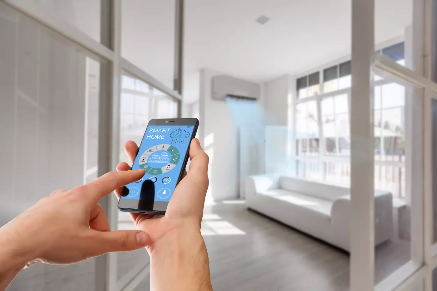 Inside a modern living room, a person holds a smartphone to use an app titled "Smart Home."