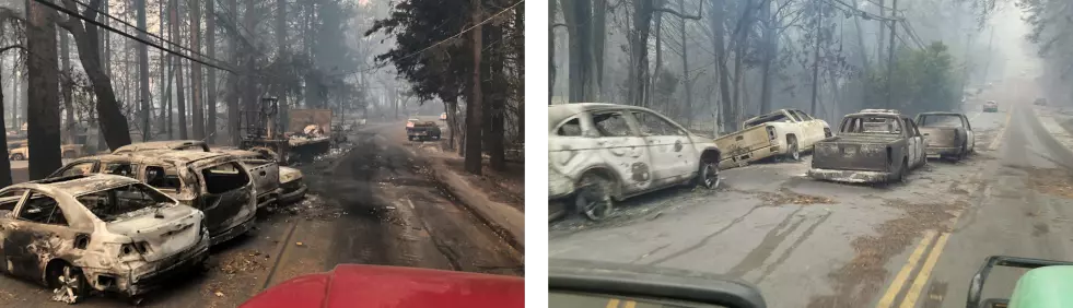 Image of cars that were burned in Paradise, California, in November 2018