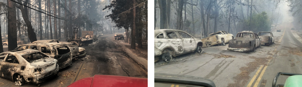 Image of cars that were burned in Paradise, California, in November 2018