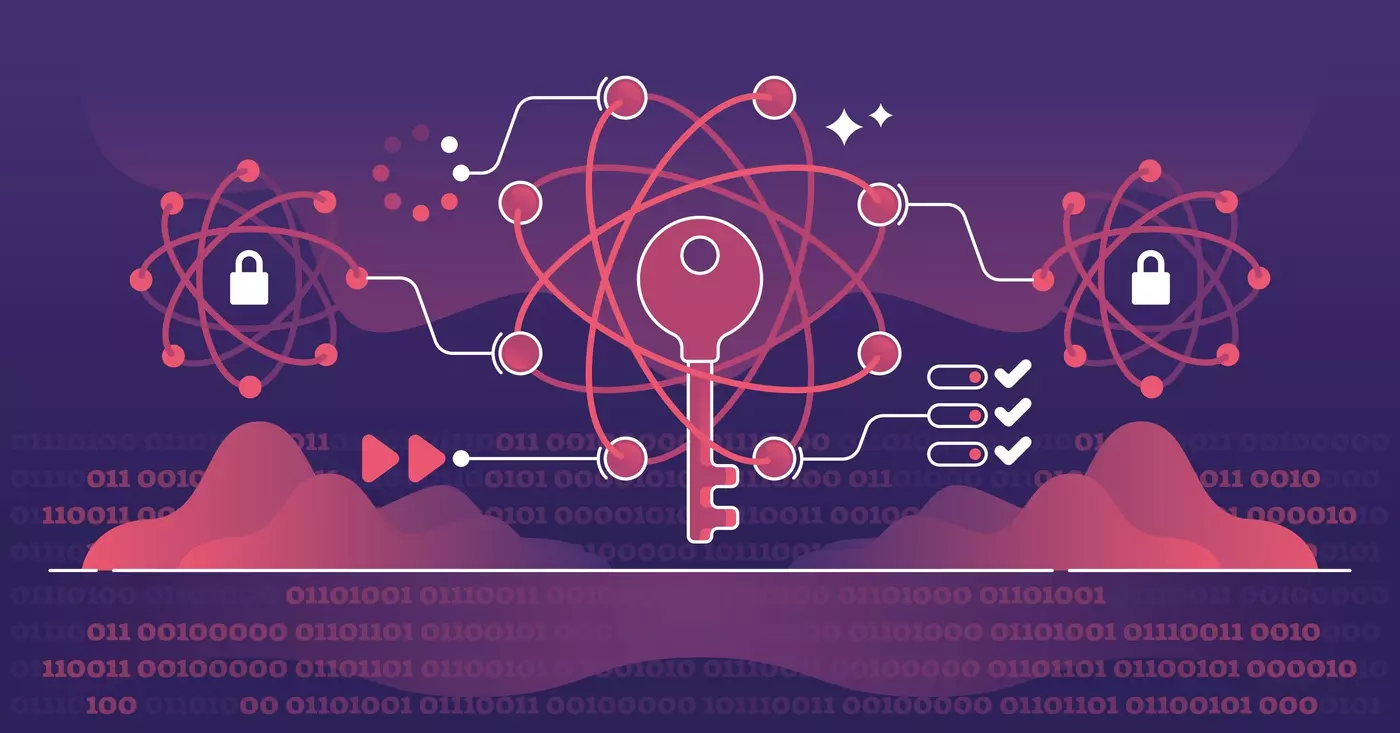 Illustration with icons including keys, atoms, padlocks and lines of computer code. 