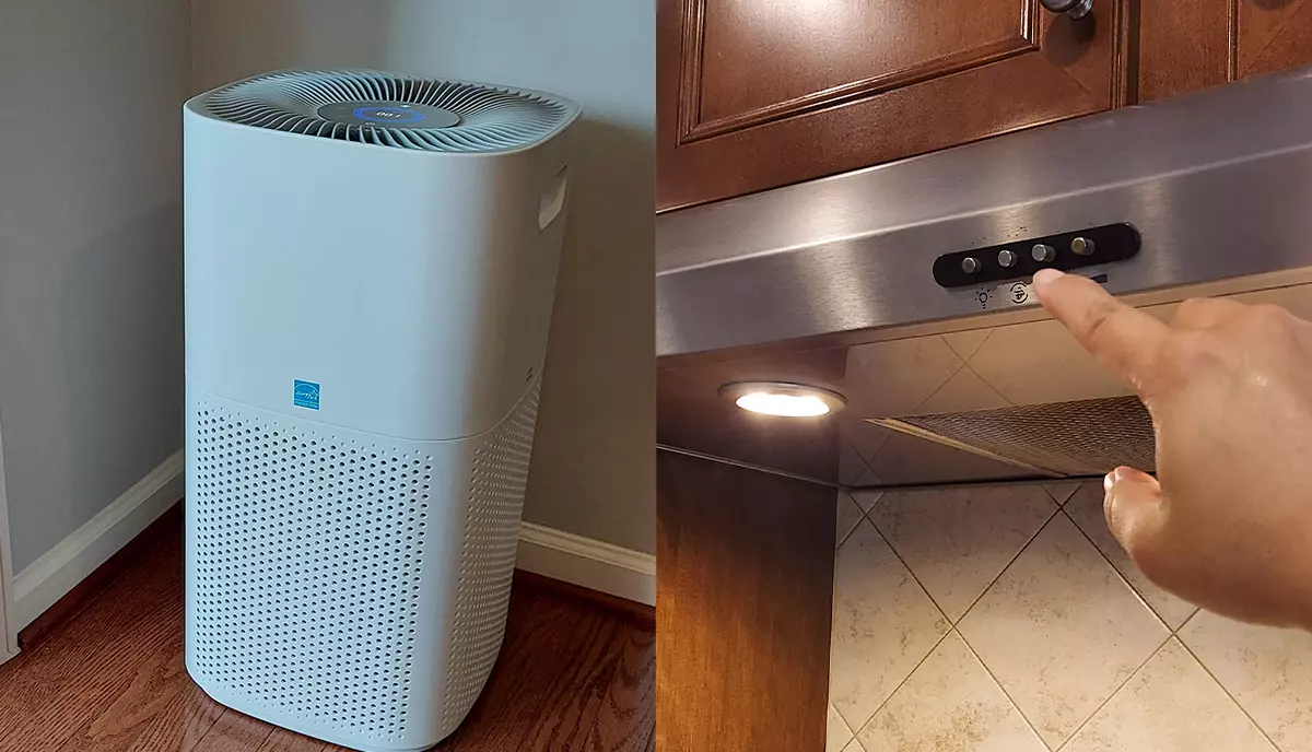 Side-by-side photos show a freestanding home air cleaner and a hand reaching toward a kitchen stove hood control panel. 