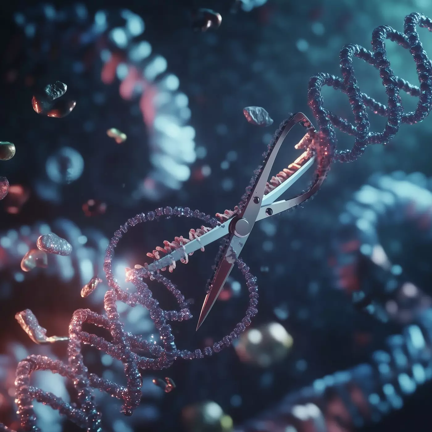 Illustration shows spirals of RNA with built-in scissors cutting the strands.