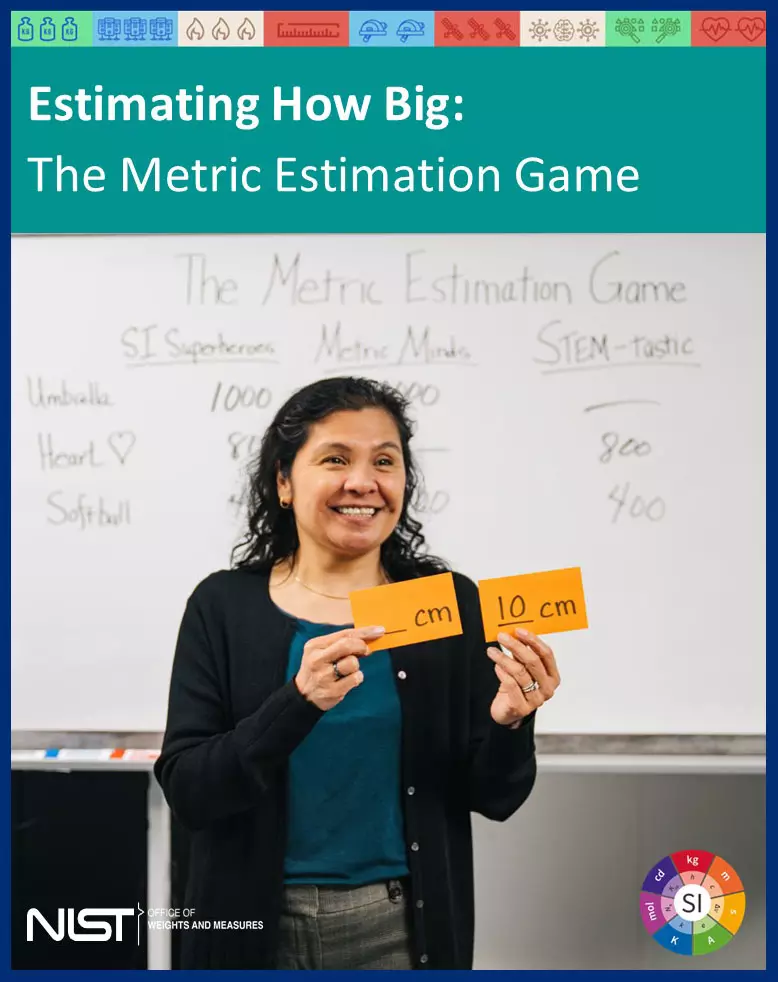 Metric Estimation Game facilitator, Isabel Chavez Baucom, demonstrates unit symbol writing style to participants as they stand in front of a  white board that displays the game score.