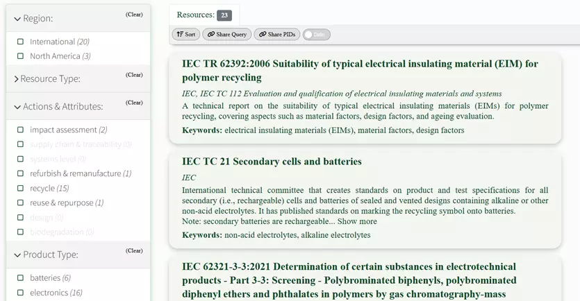 Screenshot of the Circular Economy Standards Registry, illustrating the search options and example results.