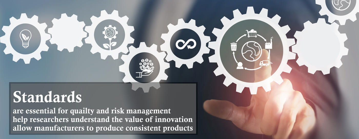 Infographic depicting energy, global agriculture, and sustainability as interlocking gears overlaid by text describing documentary standards as essential for quality, risk, consistency and innovation.