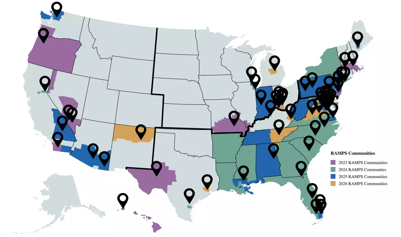 A map that shows the 2023-2026 RAMPS communities across the United States