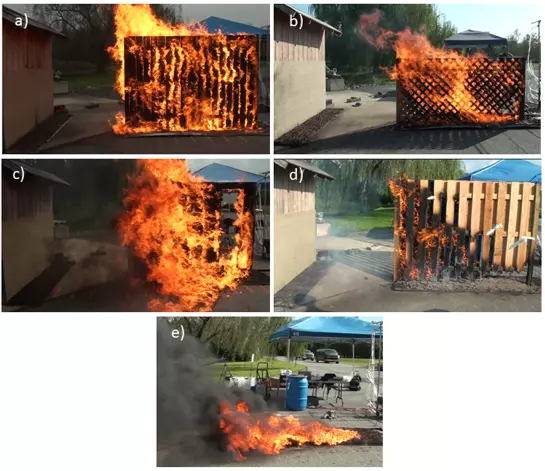 Five photos show large flames from certain burning fences and mulch beds. Flames extend above the fence in four photos, and large flames and black smoke extend above burning rubber mulch in the fifth photo.