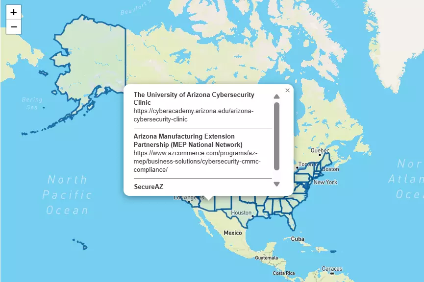 Sample Display from the Small Business Cybersecurity Support Program Finder
