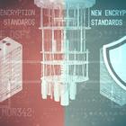 Collage illustration of servers, laptops and phones is divided into left "Old Encryption Standards" and right "New Encryption Standards."