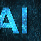 The letters "AI" appear in blue on a background of binary numbers, ones and zeros. 