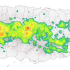 Map of Puerto Rico has colored sections near the center with key: Landslides per km2