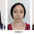 Photos of two different women’s faces are followed by a synthesis of them into a single “morph” image.