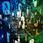 Illustration for quantum computing shows zeroes and ones hovering in space with background of electronic networking diagrams. 