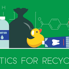 Illustration shows plastic items like bottles and a duck toy with chemical formulas in background. At bottom it says: Plastics for Recycling.