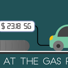 Cartoon shows a car at a gas pump with a digital display reading $23.18 5G. Title reads: Fuel at the Gas Pump. 
