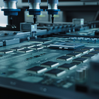 Robotic tools hover above a surface of dark-metal microchips and other electronics being manufactured.