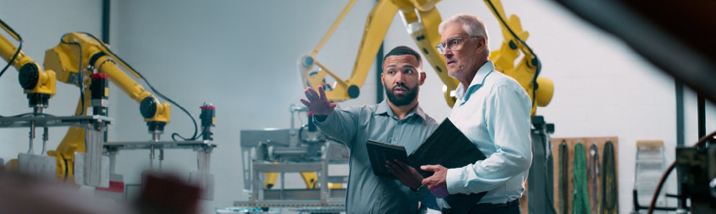 Robotics, people and engineer tablet with industrial collaboration and planning in warehouse