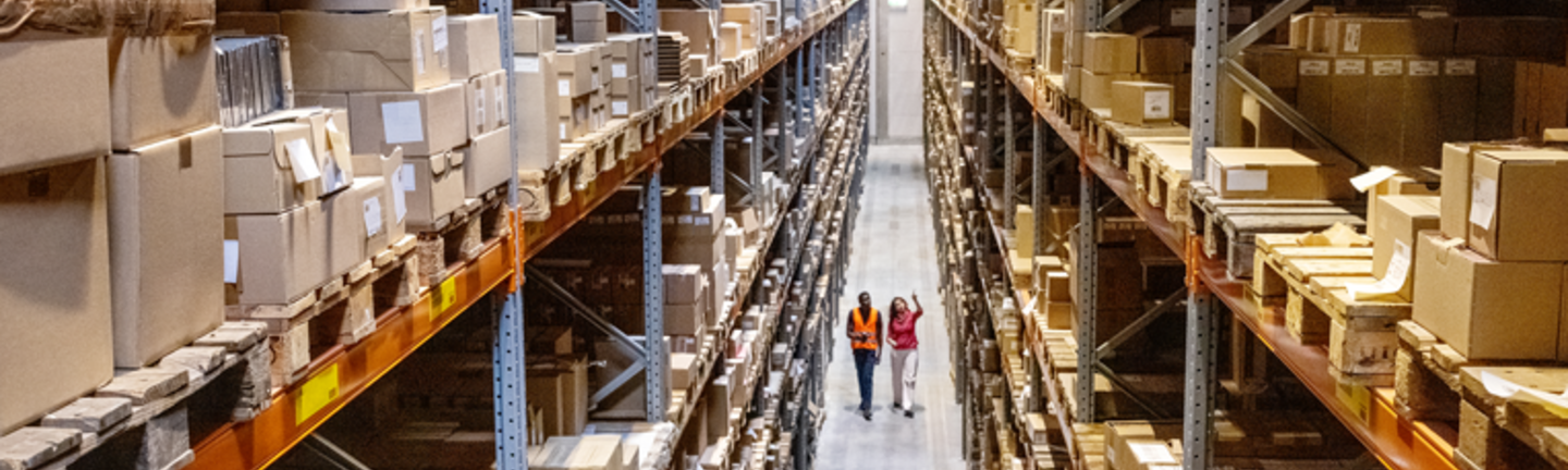 High angle view of a warehouse manager walking with foremen checking stock on racks