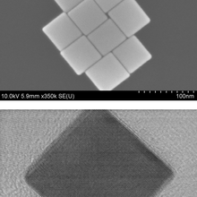 These electron microscope images show perfect-edged nanocubes produced in a one-step process created at NIST that allows careful control of the cubes’ size, shape and composition.