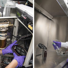 Li-Piin Sung places a commercially available polymer with silicon dioxide nanoparticles into a chamber of the NIST SPHERE. Deborah Jacobs applies “NIST simulated rain” to the weathered sample to collect any shed nanoparticles in the runoff.