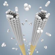In this computer model, small, pre-selected nanotube "seeds" are grown to long nanotubes of the same twist or "chirality" in a high-temperature gas of small carbon compounds.