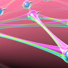 Artist's conception of interactions among atoms in JILA's strontium atomic clock during a quantum simulation experiment. 