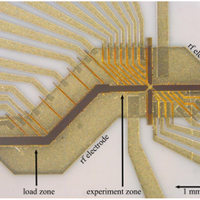 Images shows the electrodes of an ion trap spanning multiple trap zones.  Electrodes are labelled: load zone, rf electrode and experiment zone