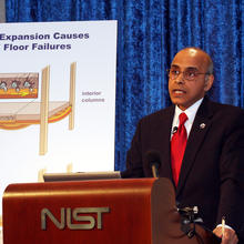 Dr. Shyam Sunder, NIST lead investigator, answers questions at a news briefing on August 21, 2008, about NIST's three-year study of the collapse of World Trade Center 7.